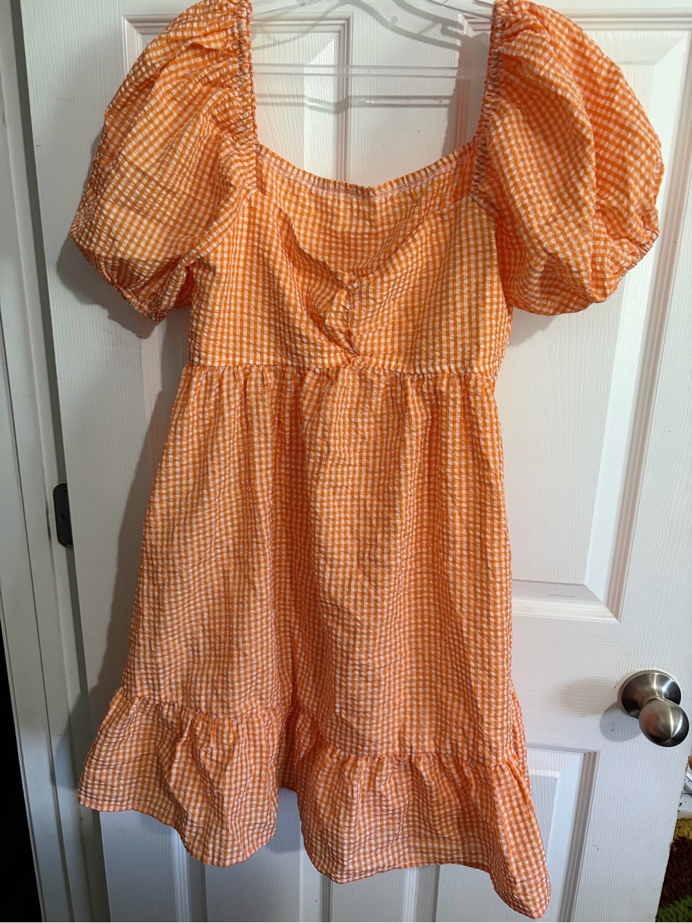 SHEIN Orange Gingham Puff-Sleeve Sundress